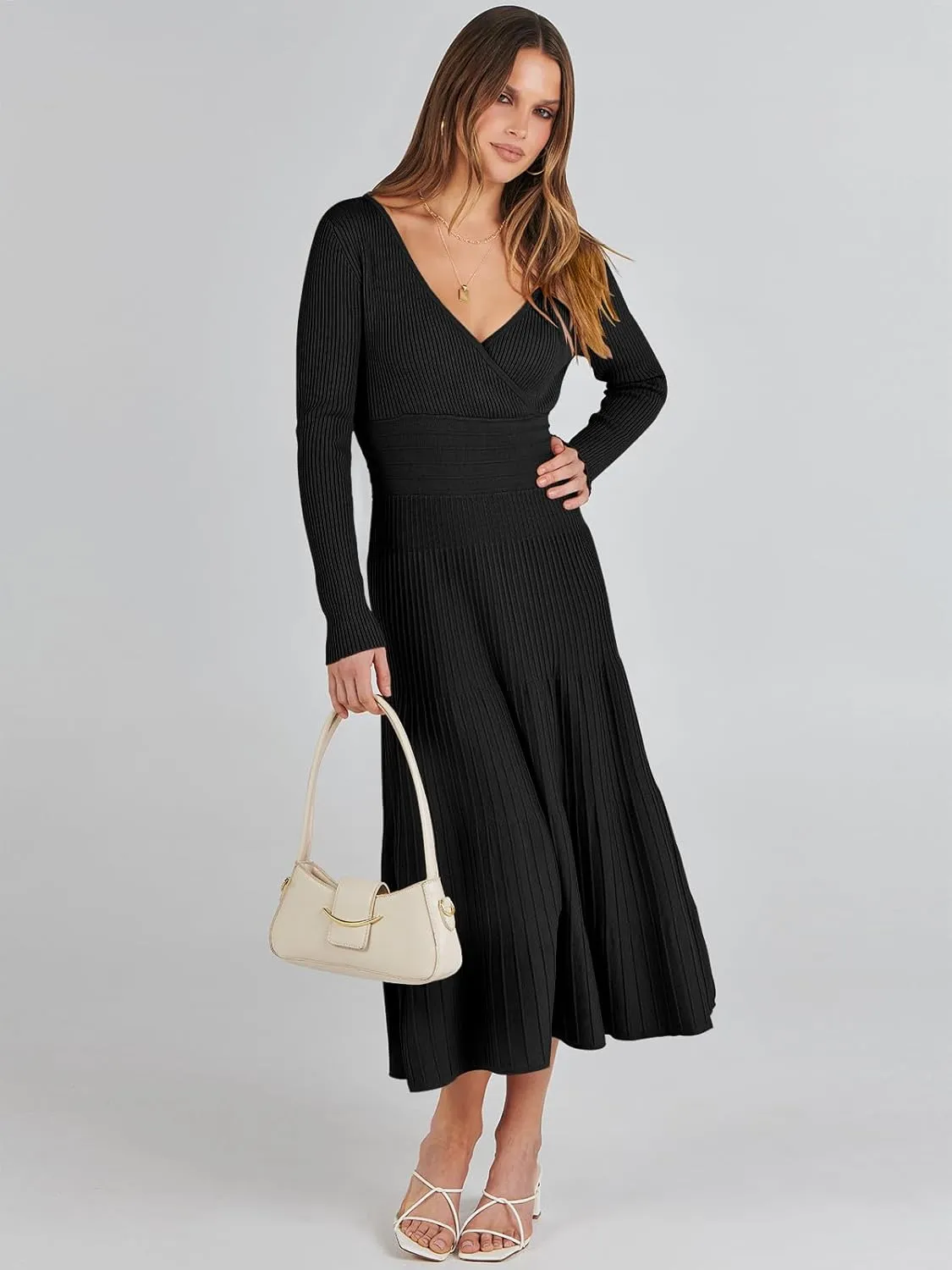 ANRABESS Womens Wrap Midi Sweater Dresses Long Sleeve V Neck Bodycon High Waist Ribbed Knit Pleated A-Line Dress 2024 Trendy