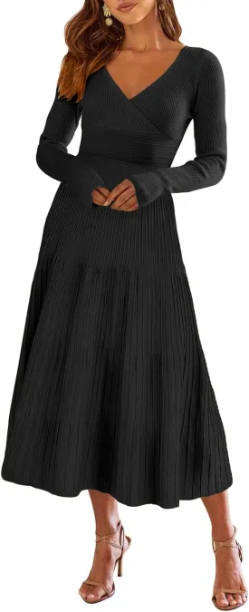 ANRABESS Womens Wrap Midi Sweater Dresses Long Sleeve V Neck Bodycon High Waist Ribbed Knit Pleated A-Line Dress 2024 Trendy
