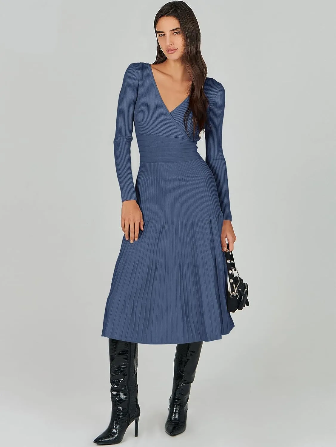 ANRABESS Womens Wrap Midi Sweater Dresses Long Sleeve V Neck Bodycon High Waist Ribbed Knit Pleated A-Line Dress 2024 Trendy