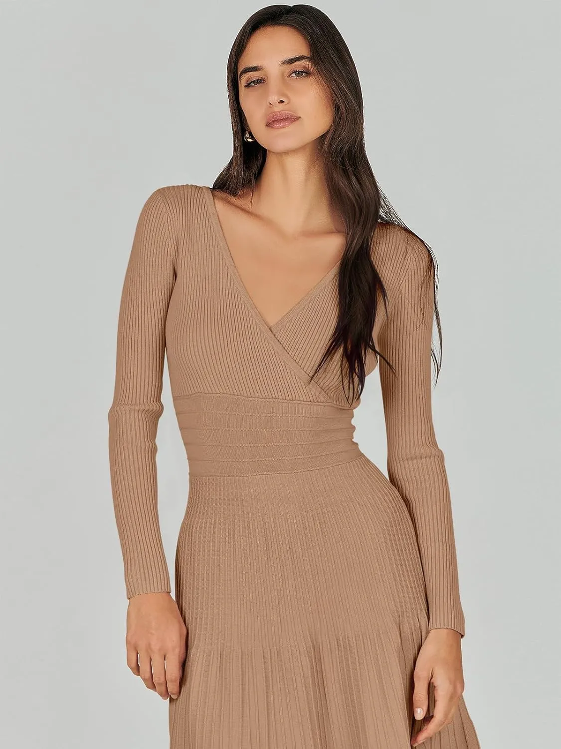 ANRABESS Womens Wrap Midi Sweater Dresses Long Sleeve V Neck Bodycon High Waist Ribbed Knit Pleated A-Line Dress 2024 Trendy