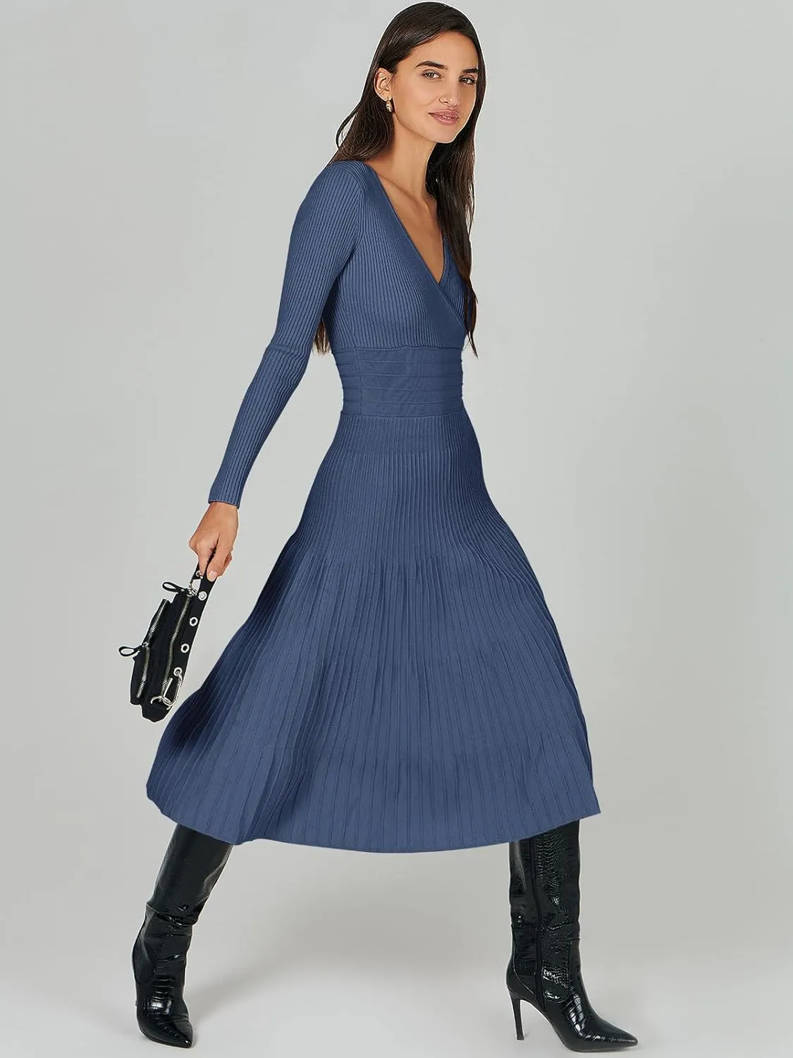 ANRABESS Womens Wrap Midi Sweater Dresses Long Sleeve V Neck Bodycon High Waist Ribbed Knit Pleated A-Line Dress 2024 Trendy