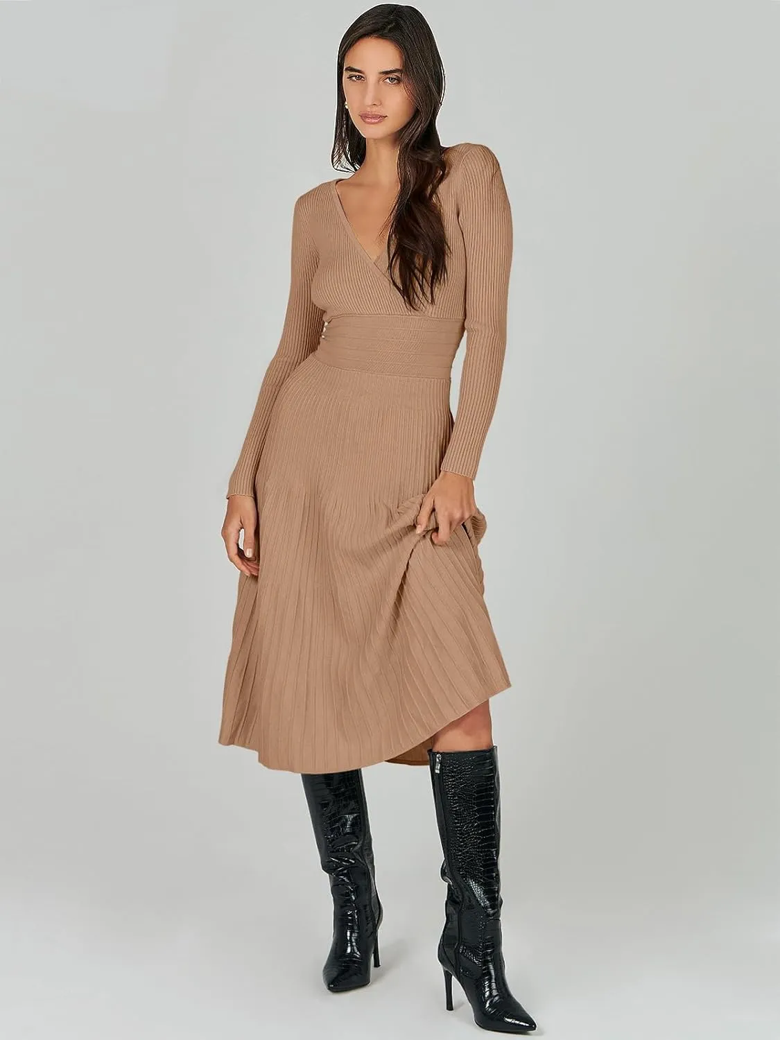 ANRABESS Womens Wrap Midi Sweater Dresses Long Sleeve V Neck Bodycon High Waist Ribbed Knit Pleated A-Line Dress 2024 Trendy