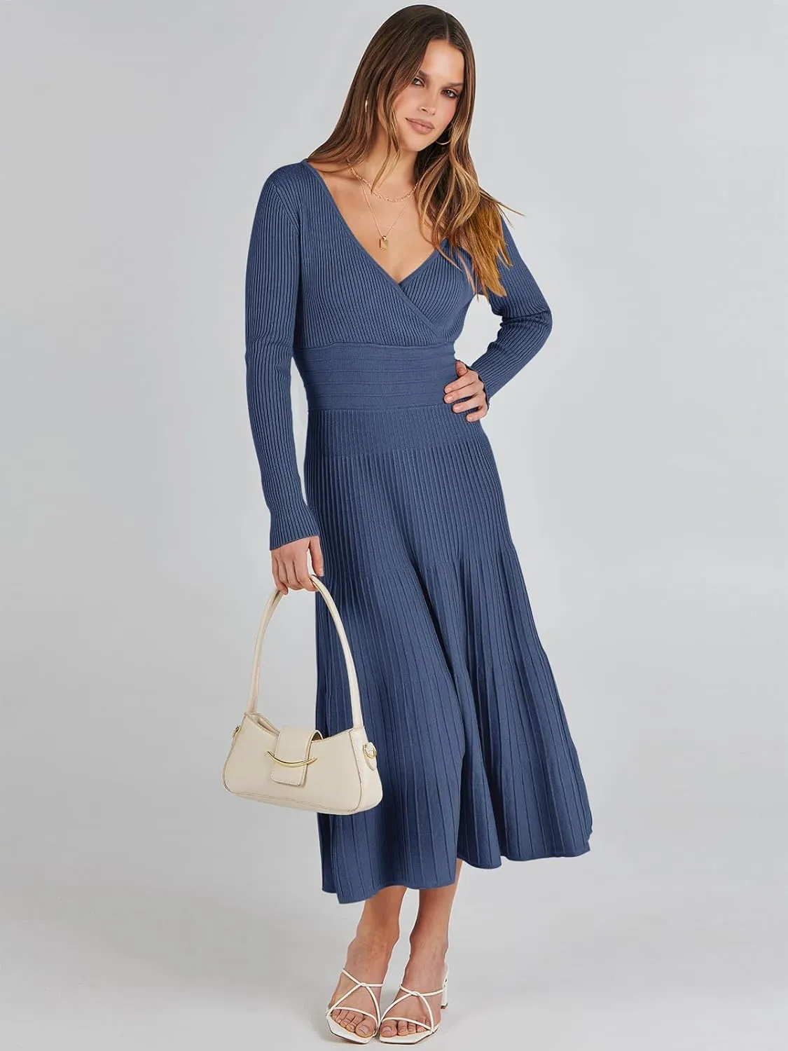 ANRABESS Womens Wrap Midi Sweater Dresses Long Sleeve V Neck Bodycon High Waist Ribbed Knit Pleated A-Line Dress 2024 Trendy