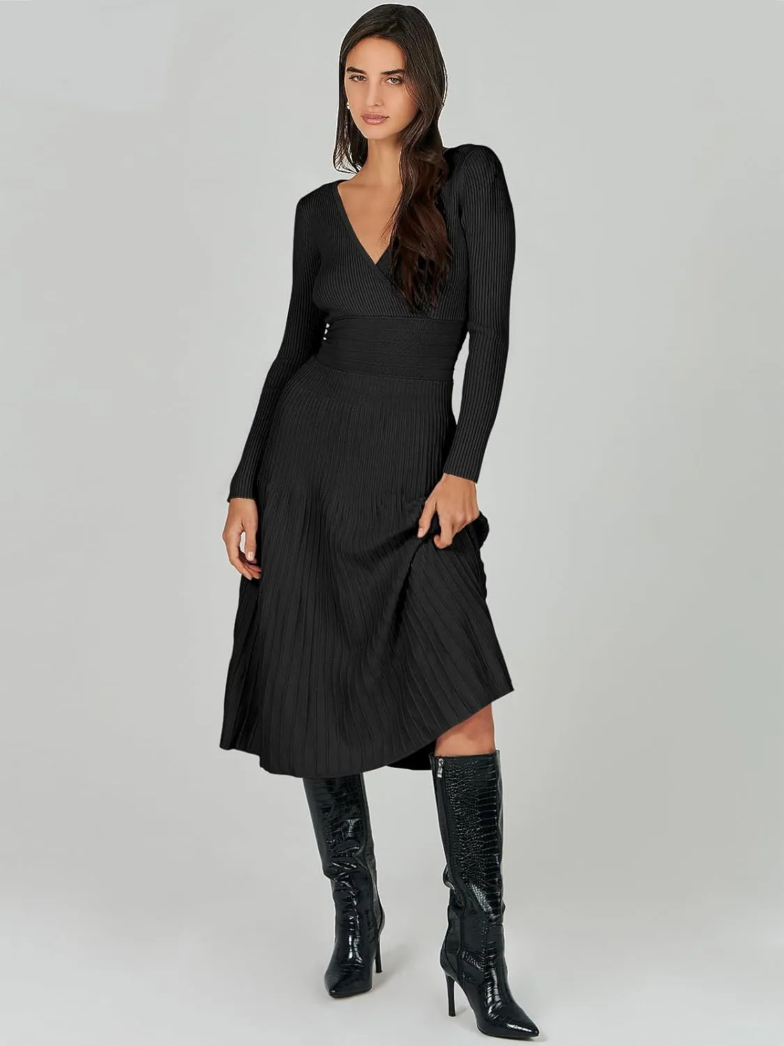 ANRABESS Womens Wrap Midi Sweater Dresses Long Sleeve V Neck Bodycon High Waist Ribbed Knit Pleated A-Line Dress 2024 Trendy