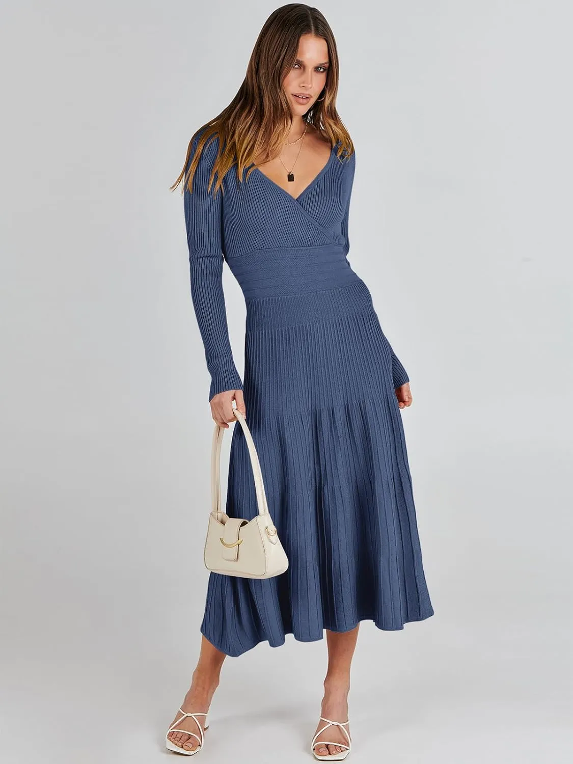 ANRABESS Womens Wrap Midi Sweater Dresses Long Sleeve V Neck Bodycon High Waist Ribbed Knit Pleated A-Line Dress 2024 Trendy