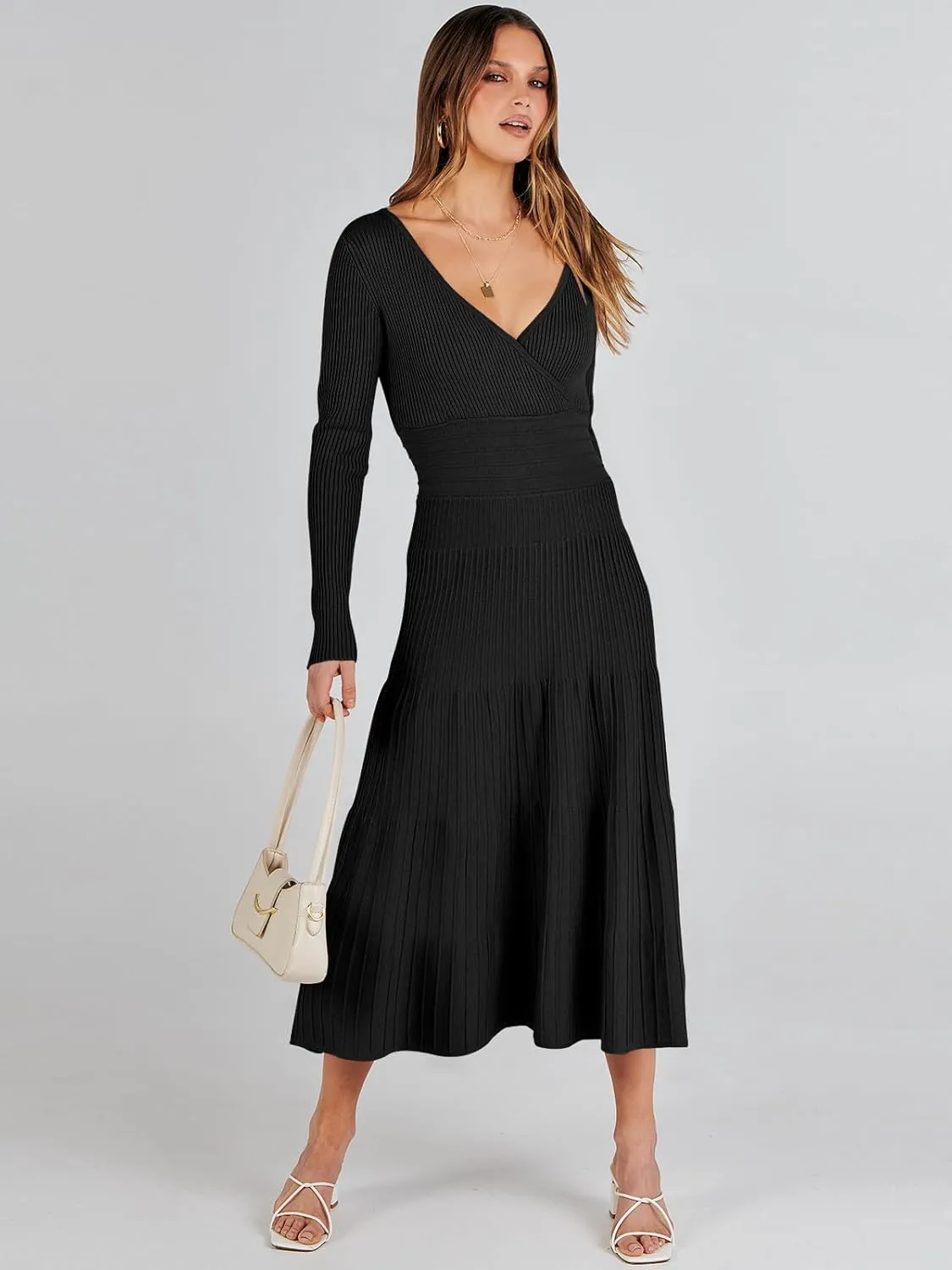 ANRABESS Womens Wrap Midi Sweater Dresses Long Sleeve V Neck Bodycon High Waist Ribbed Knit Pleated A-Line Dress 2024 Trendy