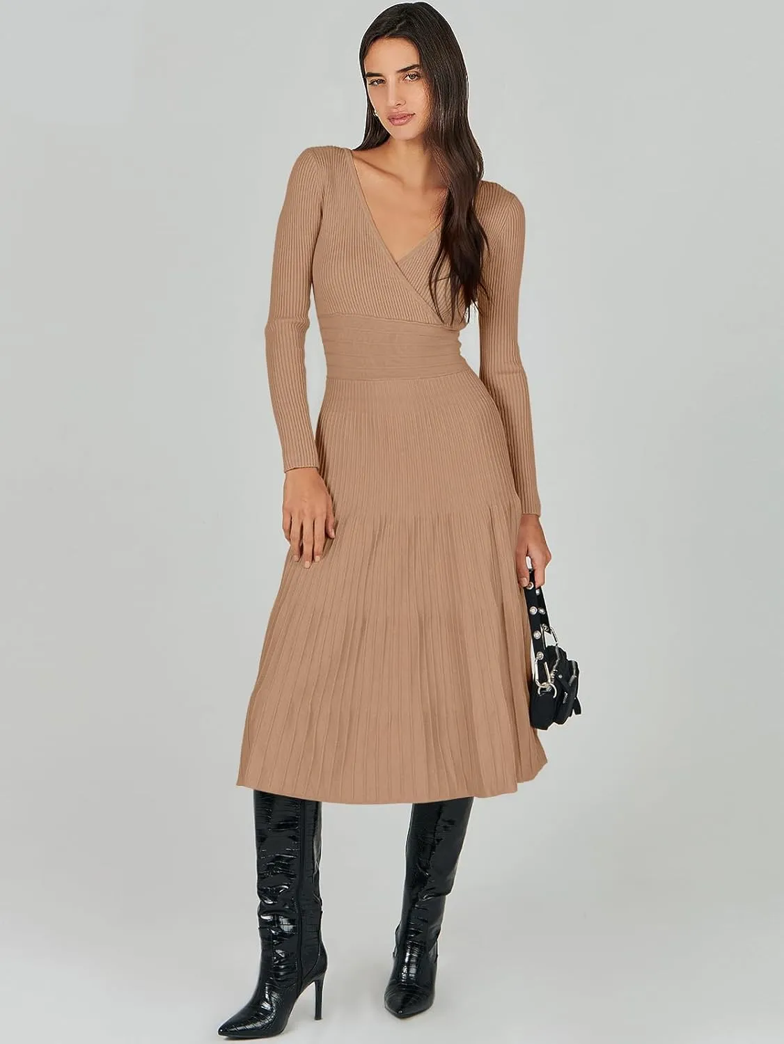 ANRABESS Womens Wrap Midi Sweater Dresses Long Sleeve V Neck Bodycon High Waist Ribbed Knit Pleated A-Line Dress 2024 Trendy