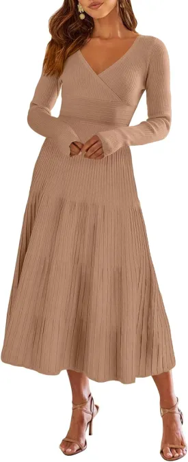 ANRABESS Womens Wrap Midi Sweater Dresses Long Sleeve V Neck Bodycon High Waist Ribbed Knit Pleated A-Line Dress 2024 Trendy