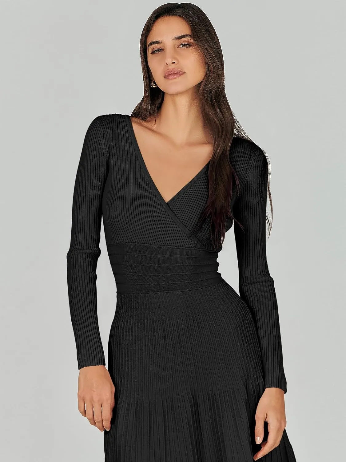 ANRABESS Womens Wrap Midi Sweater Dresses Long Sleeve V Neck Bodycon High Waist Ribbed Knit Pleated A-Line Dress 2024 Trendy