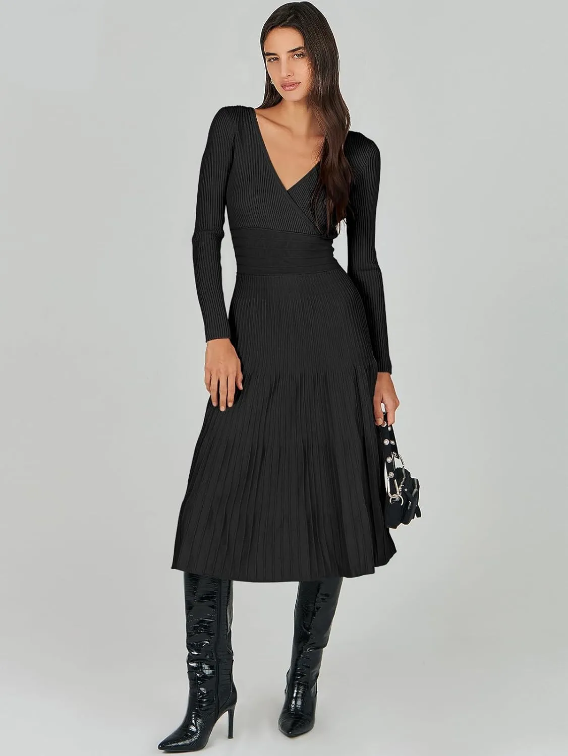 ANRABESS Womens Wrap Midi Sweater Dresses Long Sleeve V Neck Bodycon High Waist Ribbed Knit Pleated A-Line Dress 2024 Trendy
