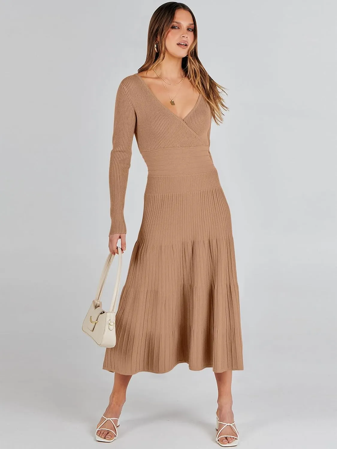 ANRABESS Womens Wrap Midi Sweater Dresses Long Sleeve V Neck Bodycon High Waist Ribbed Knit Pleated A-Line Dress 2024 Trendy