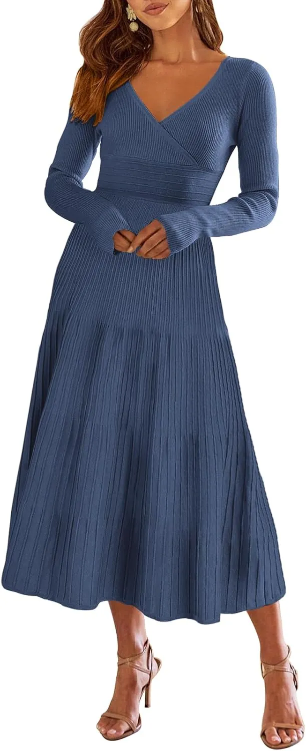 ANRABESS Womens Wrap Midi Sweater Dresses Long Sleeve V Neck Bodycon High Waist Ribbed Knit Pleated A-Line Dress 2024 Trendy