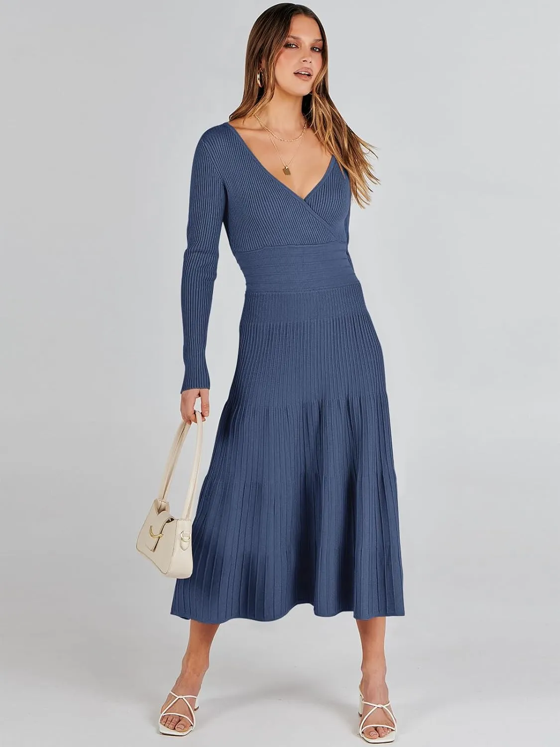 ANRABESS Womens Wrap Midi Sweater Dresses Long Sleeve V Neck Bodycon High Waist Ribbed Knit Pleated A-Line Dress 2024 Trendy