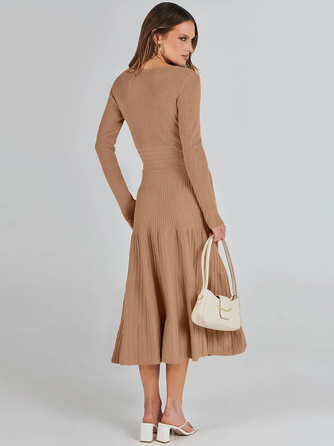 ANRABESS Womens Wrap Midi Sweater Dresses Long Sleeve V Neck Bodycon High Waist Ribbed Knit Pleated A-Line Dress 2024 Trendy