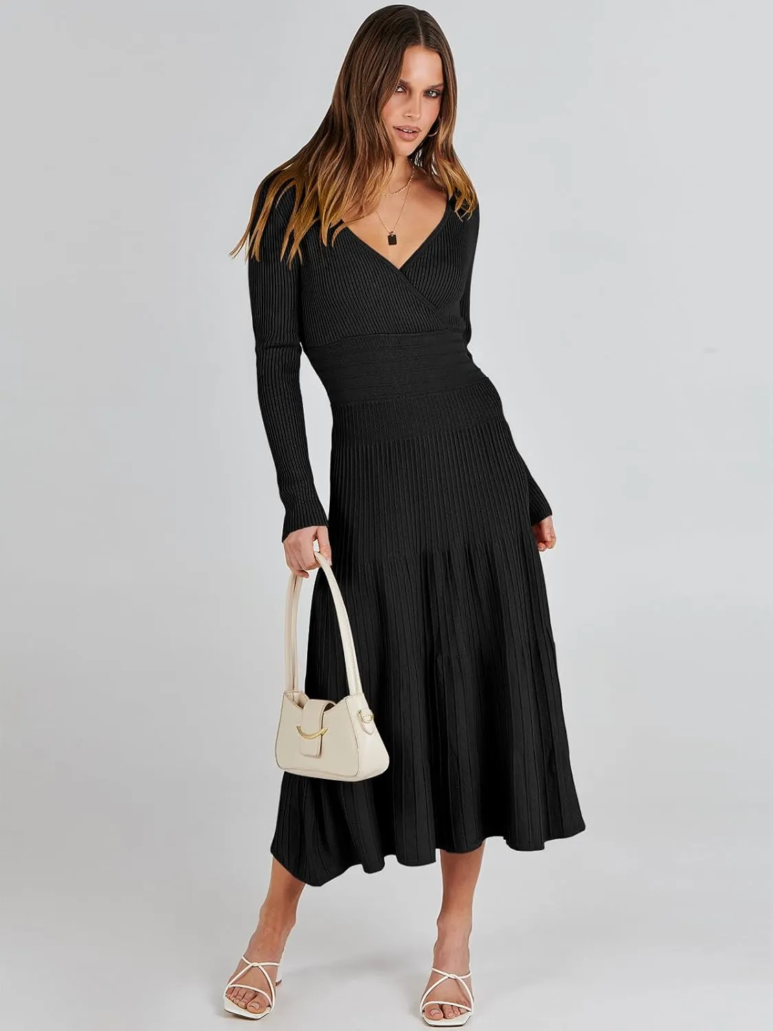 ANRABESS Womens Wrap Midi Sweater Dresses Long Sleeve V Neck Bodycon High Waist Ribbed Knit Pleated A-Line Dress 2024 Trendy