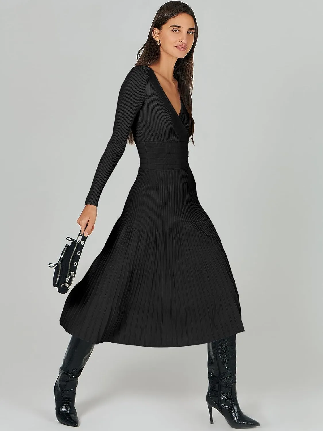 ANRABESS Womens Wrap Midi Sweater Dresses Long Sleeve V Neck Bodycon High Waist Ribbed Knit Pleated A-Line Dress 2024 Trendy