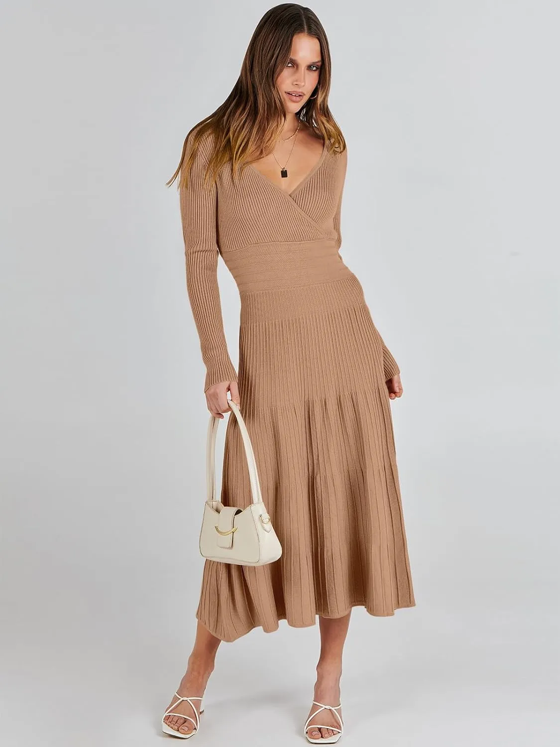 ANRABESS Womens Wrap Midi Sweater Dresses Long Sleeve V Neck Bodycon High Waist Ribbed Knit Pleated A-Line Dress 2024 Trendy