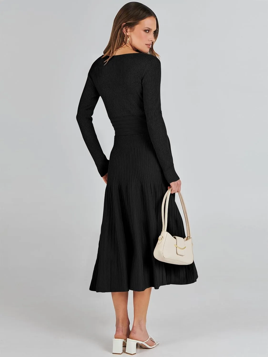 ANRABESS Womens Wrap Midi Sweater Dresses Long Sleeve V Neck Bodycon High Waist Ribbed Knit Pleated A-Line Dress 2024 Trendy