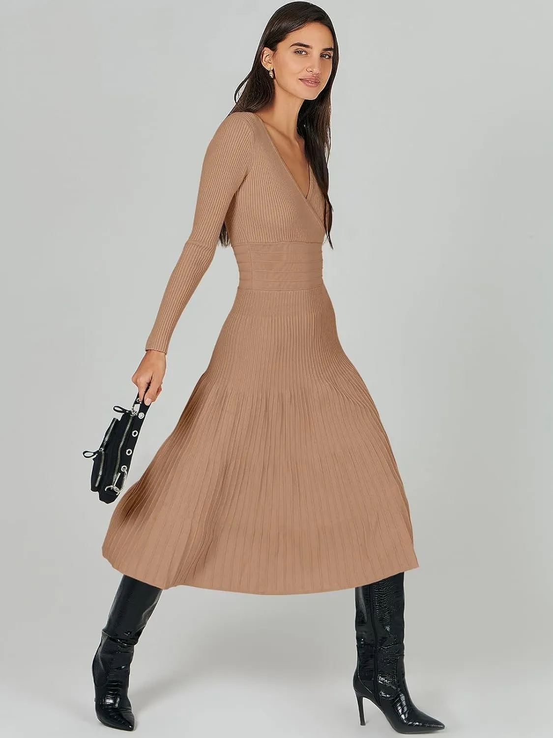 ANRABESS Womens Wrap Midi Sweater Dresses Long Sleeve V Neck Bodycon High Waist Ribbed Knit Pleated A-Line Dress 2024 Trendy
