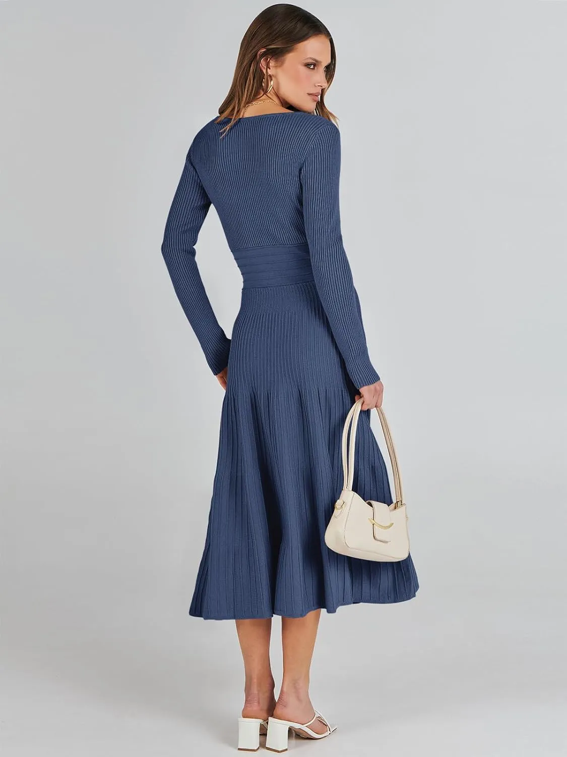 ANRABESS Womens Wrap Midi Sweater Dresses Long Sleeve V Neck Bodycon High Waist Ribbed Knit Pleated A-Line Dress 2024 Trendy