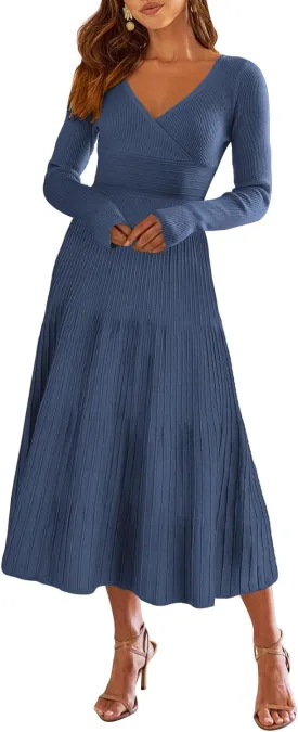 ANRABESS Womens Wrap Midi Sweater Dresses Long Sleeve V Neck Bodycon High Waist Ribbed Knit Pleated A-Line Dress 2024 Trendy