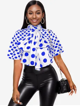 AOMEI Women's Bow Tied Neck Ruffle Trim Button Up Long Sleeve Workwear Shirts Blouse Black Polka Dot