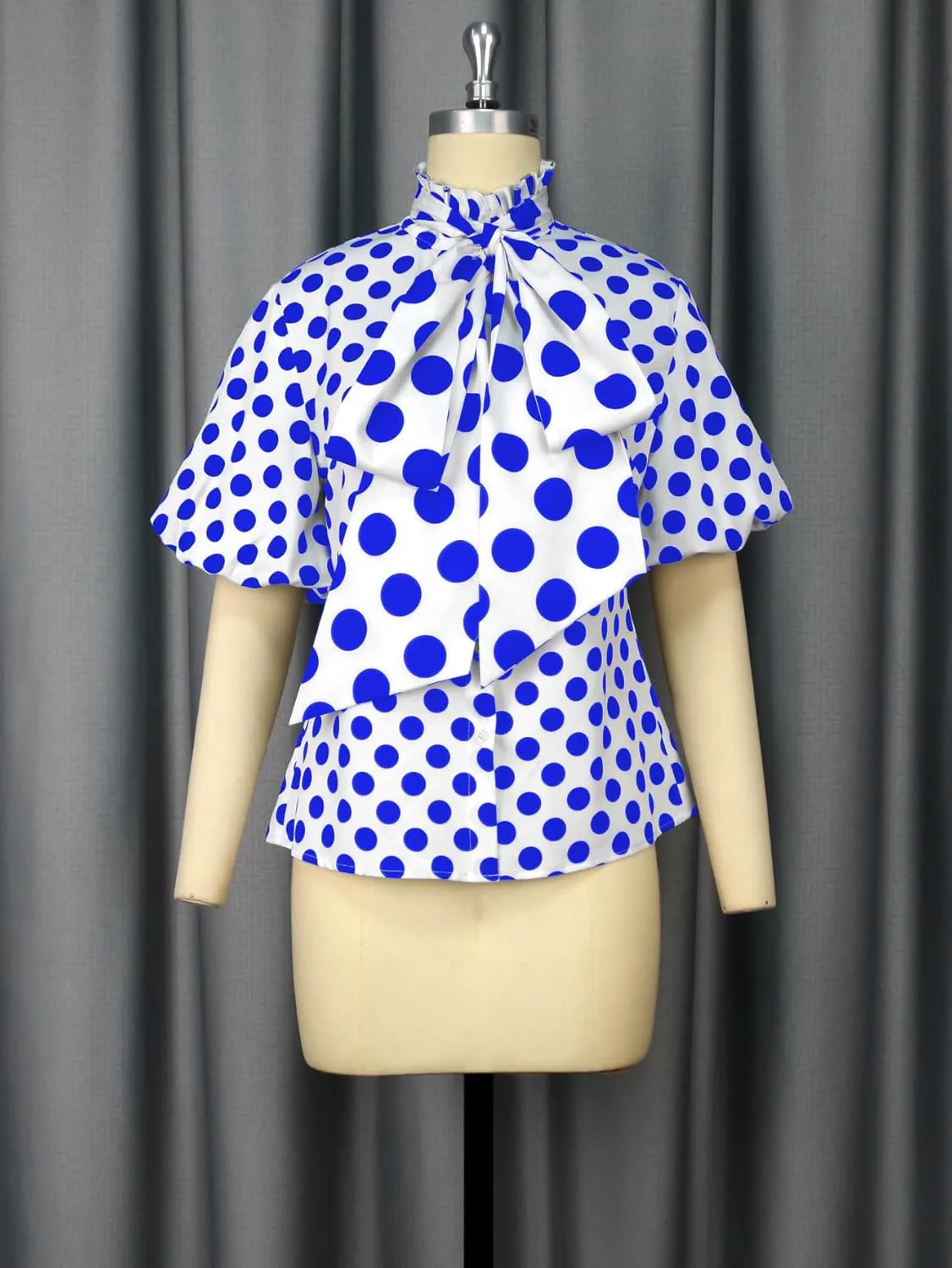 AOMEI Women's Bow Tied Neck Ruffle Trim Button Up Long Sleeve Workwear Shirts Blouse Black Polka Dot