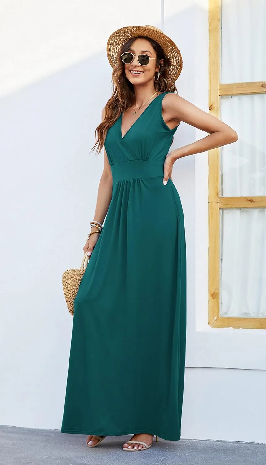 AUSELILY Women's Sleeveless Formal Dress Deep V Neck Loose Plain Cocktail Long Maxi Dresses with Pockets 2025 New