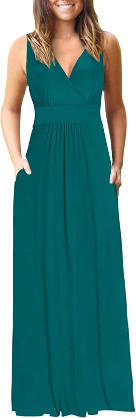AUSELILY Women's Sleeveless Formal Dress Deep V Neck Loose Plain Cocktail Long Maxi Dresses with Pockets 2025 New