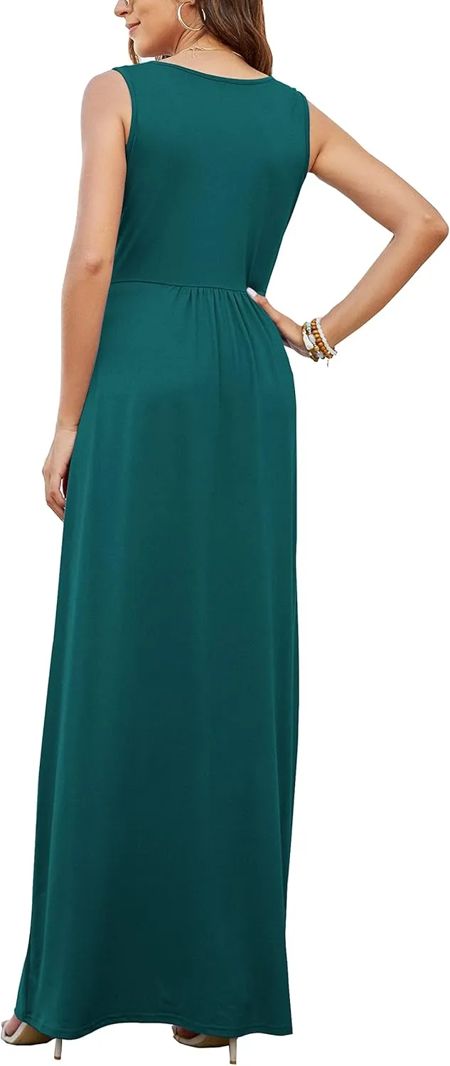AUSELILY Women's Sleeveless Formal Dress Deep V Neck Loose Plain Cocktail Long Maxi Dresses with Pockets 2025 New