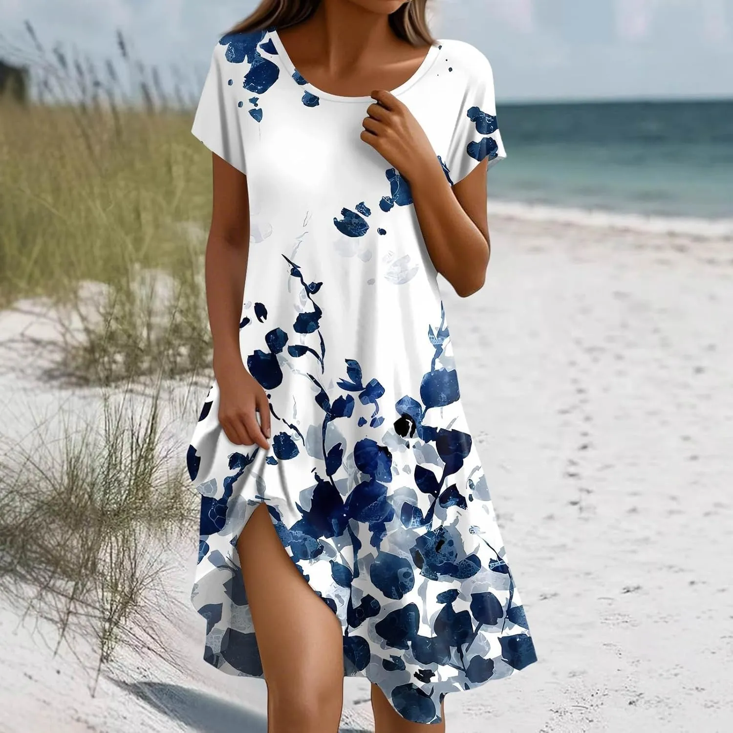 BAXLIMEK Beach Dresses for Women,2025 Summer Trendy Floral Print Boho Vacation Dress,Casual Short Sleeve Flowy Midi Dress
