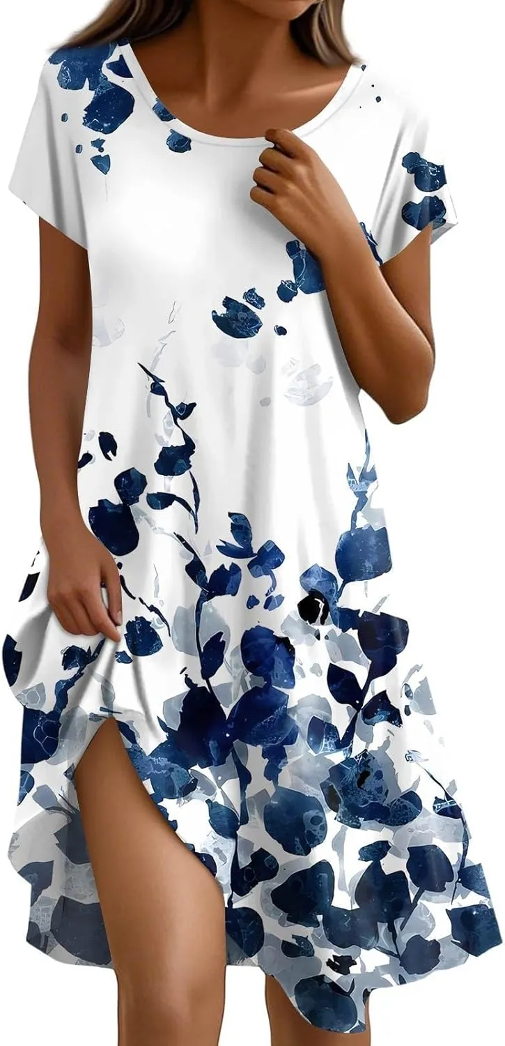 BAXLIMEK Beach Dresses for Women,2025 Summer Trendy Floral Print Boho Vacation Dress,Casual Short Sleeve Flowy Midi Dress