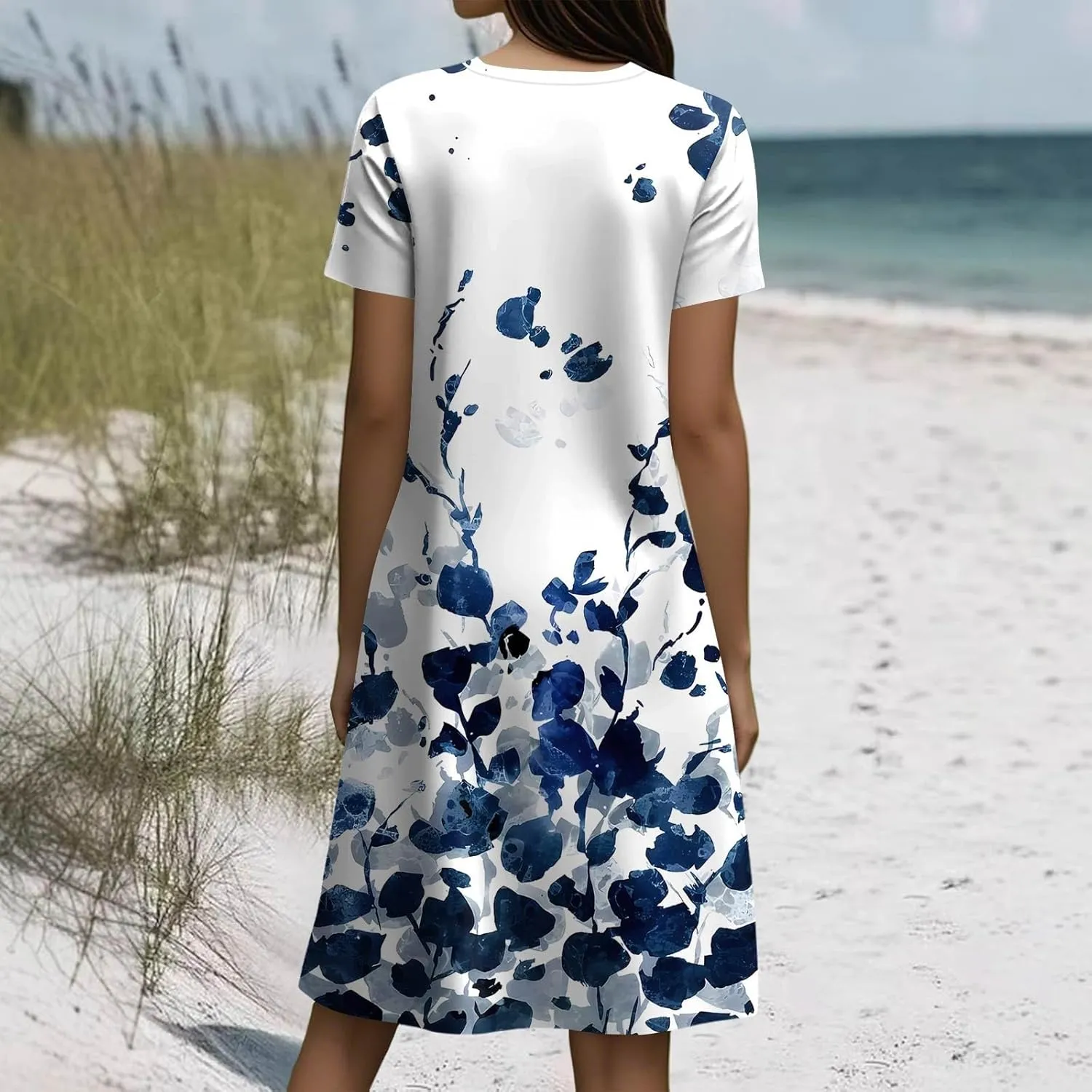 BAXLIMEK Beach Dresses for Women,2025 Summer Trendy Floral Print Boho Vacation Dress,Casual Short Sleeve Flowy Midi Dress