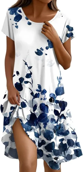 BAXLIMEK Beach Dresses for Women,2025 Summer Trendy Floral Print Boho Vacation Dress,Casual Short Sleeve Flowy Midi Dress