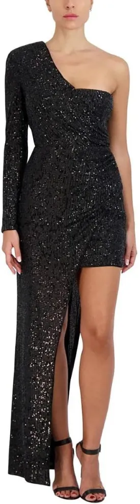 BCBGMAXAZRIA Women's Fitted Floor Length Evening Gown One Long Sleeve Asymmetrical Neck High Low Hem Dress
