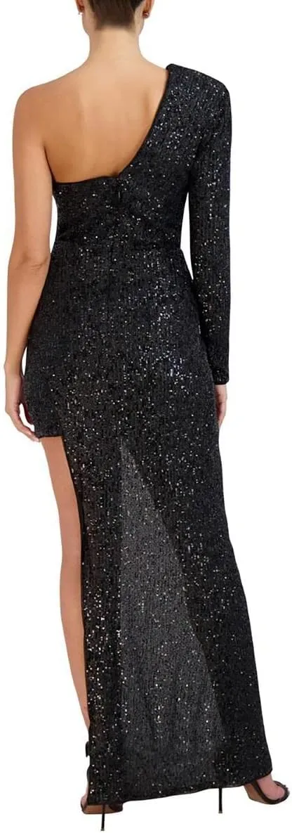 BCBGMAXAZRIA Women's Fitted Floor Length Evening Gown One Long Sleeve Asymmetrical Neck High Low Hem Dress