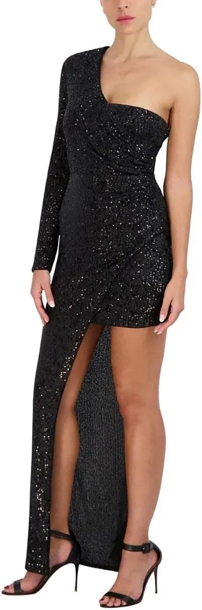 BCBGMAXAZRIA Women's Fitted Floor Length Evening Gown One Long Sleeve Asymmetrical Neck High Low Hem Dress