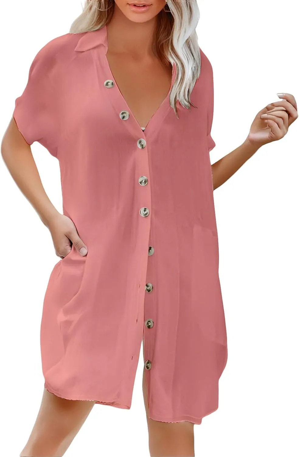 Beach Cover Ups for Women Summer Button Front Dress Casual Beach Vacation Swimsuit Short Sleeve V Neck Shirt Dress