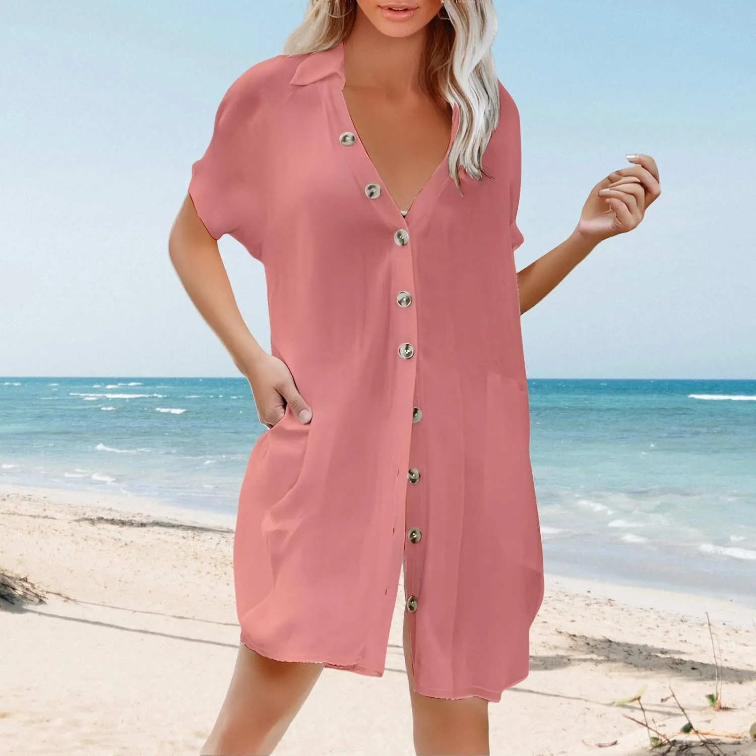 Beach Cover Ups for Women Summer Button Front Dress Casual Beach Vacation Swimsuit Short Sleeve V Neck Shirt Dress