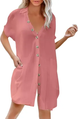 Beach Cover Ups for Women Summer Button Front Dress Casual Beach Vacation Swimsuit Short Sleeve V Neck Shirt Dress