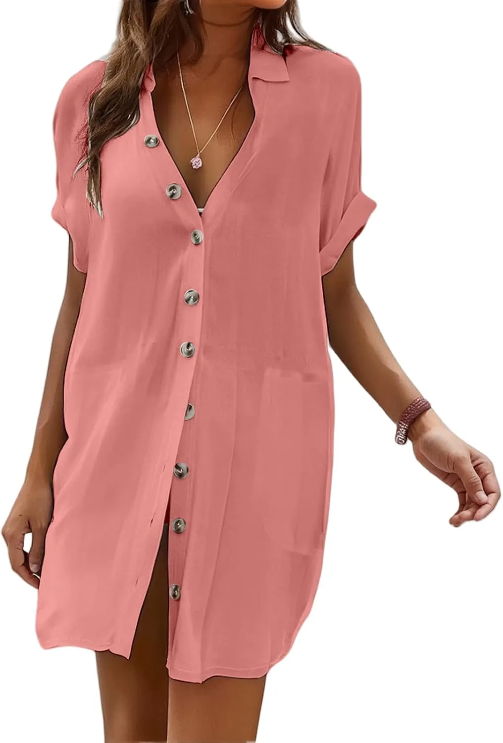 Beach Cover Ups for Women Summer Button Front Dress Casual Beach Vacation Swimsuit Short Sleeve V Neck Shirt Dress