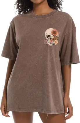 Bobeutou Oversized Vintage T Shirts for Women Skull Shirts Skeleton Gothic Graphic Acid Wash Tshirts Baggy Tee Crew Neck Tops