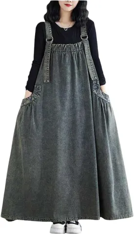 Boho Jumper Dress for Women Loose Overall Pinafore Dresses Adjustable Straps Wide Hemline with Pockets Baggy Style