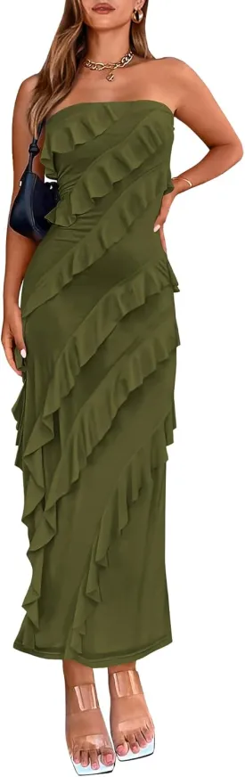BTFBM Women Summer Elegant Strapless Midi Ruched Bodycon Dress Solid Color Stretch Mesh Slim Party Cocktail Dresses