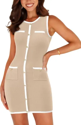 BTFBM Women's 2025 Summer Sweater Dress Sleeveless Ribbed Knit Bodycon Mini Dresses Solid Color Button Short Dress