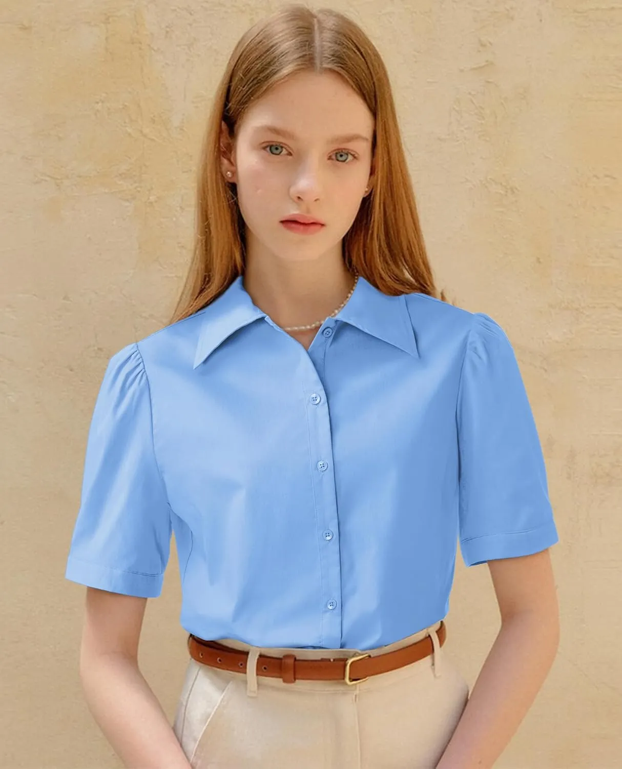 Button Down Shirts for Women Puff Short Sleeve Button Up Dress Shirts Collared Fitted Blouse Work Business Top