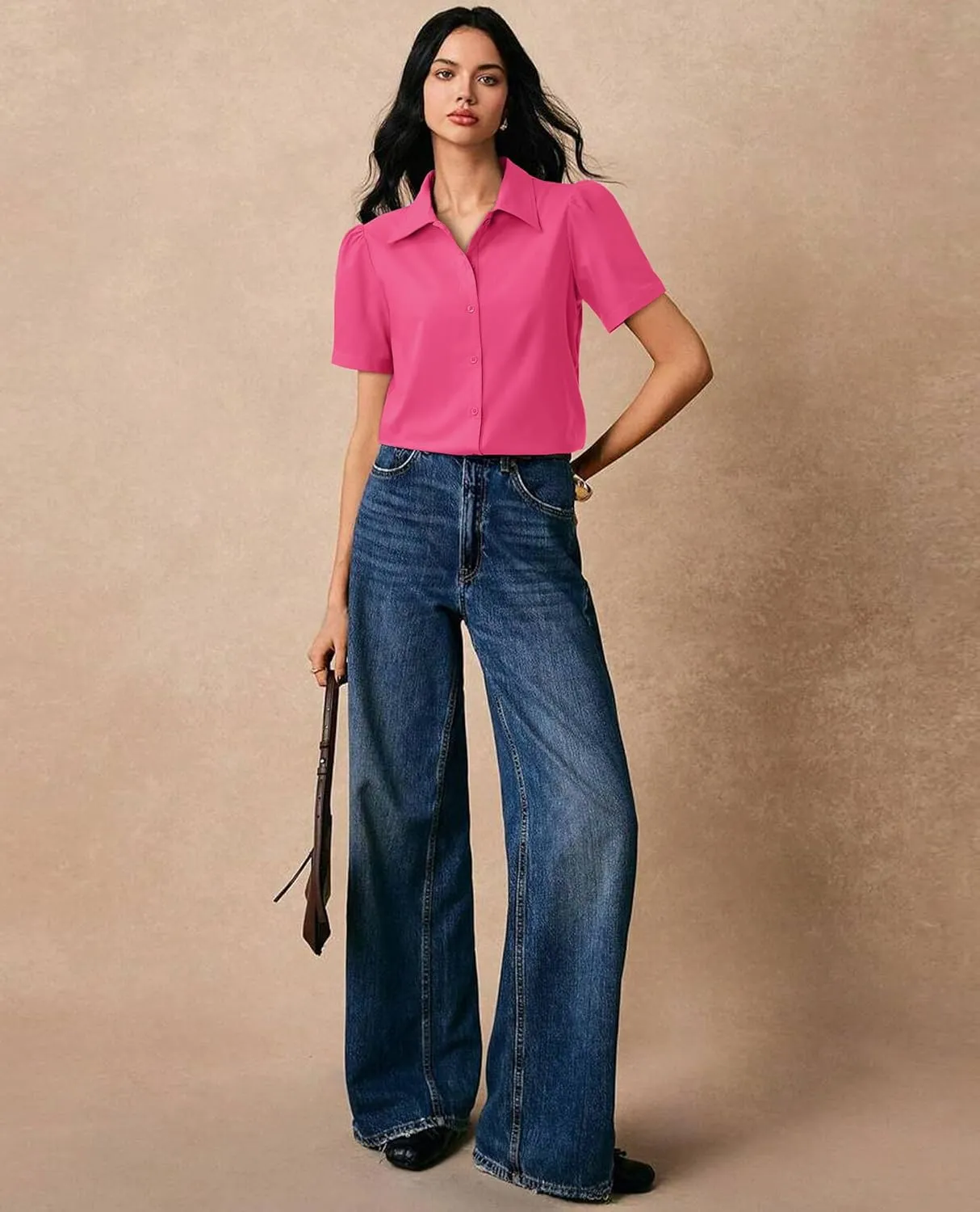 Button Down Shirts for Women Puff Short Sleeve Button Up Dress Shirts Collared Fitted Blouse Work Business Top