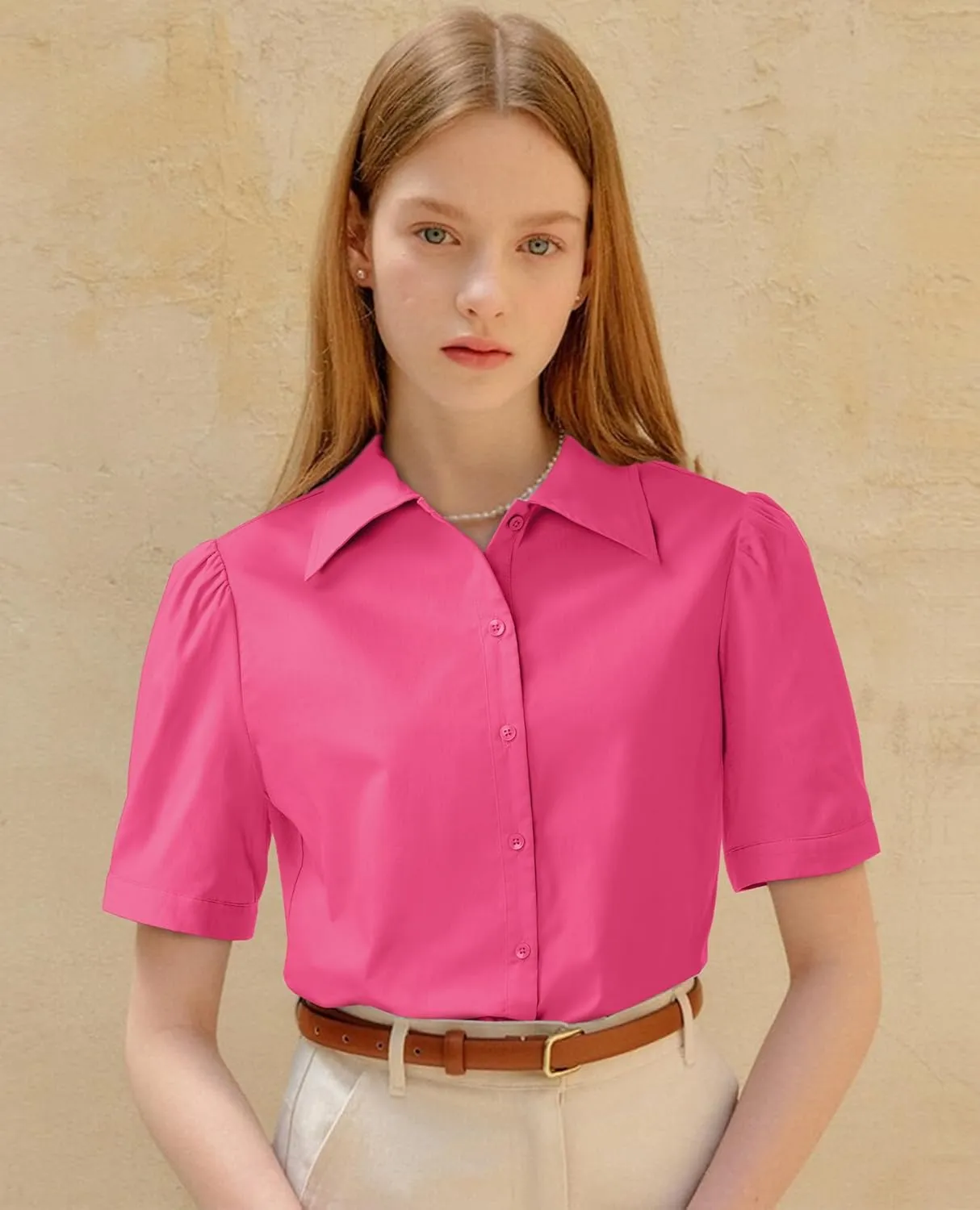 Button Down Shirts for Women Puff Short Sleeve Button Up Dress Shirts Collared Fitted Blouse Work Business Top
