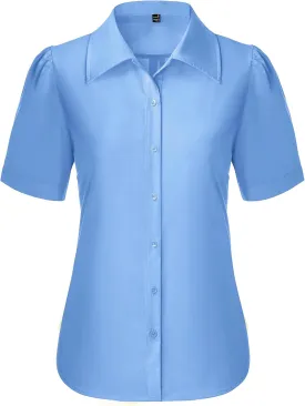 Button Down Shirts for Women Puff Short Sleeve Button Up Dress Shirts Collared Fitted Blouse Work Business Top