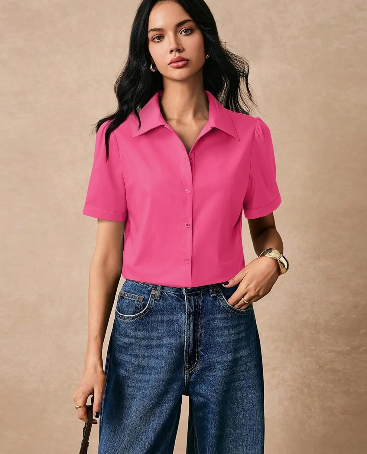 Button Down Shirts for Women Puff Short Sleeve Button Up Dress Shirts Collared Fitted Blouse Work Business Top